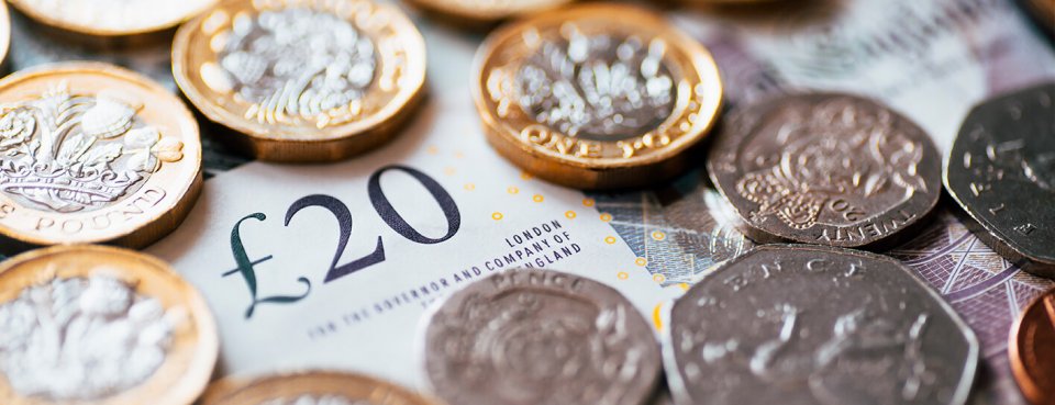 Picture of pound coins, 20 pound notes and change