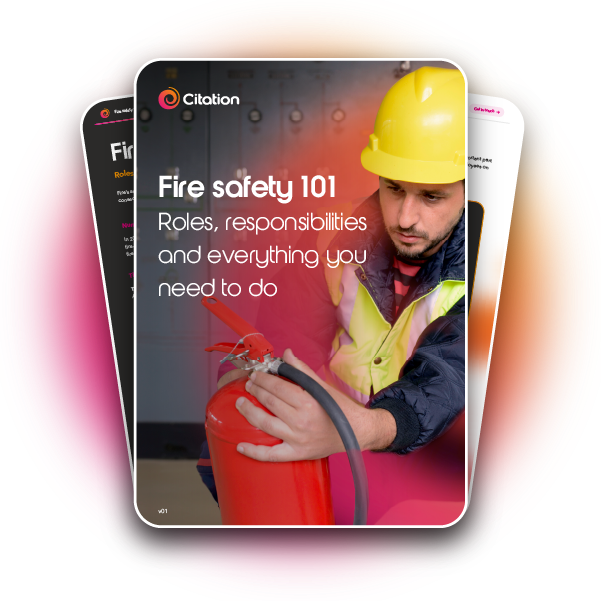 Promotional image for Fire Safety Roles 101 which contains a fire fighter performing checks on a fire extinguisher